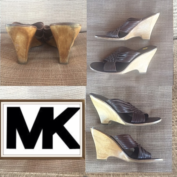 Michael Kors MK Sold Leather Wood Wedge Sandal 7 - Picture 1 of 4
